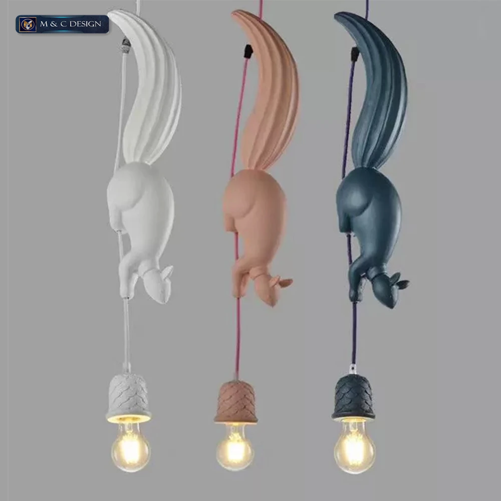 

Nordic Resin Squirrel Led Pendant Lights Modern Industrial Hanging Animal Lamp for Children's Room Kitchen Loft Decor Fixtures