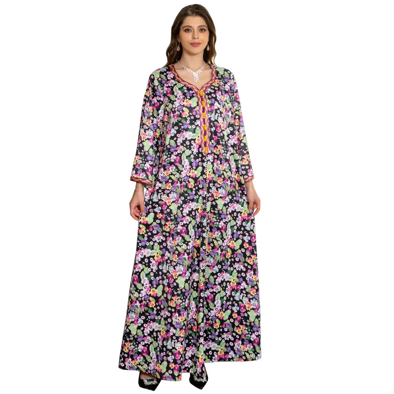 

Maxi Dress Floral Printed Loose Elastic Fashion Abaya Islamic Clothes Muslim Female Saudi Arabia Dubai Kaftan Long Dress Summer
