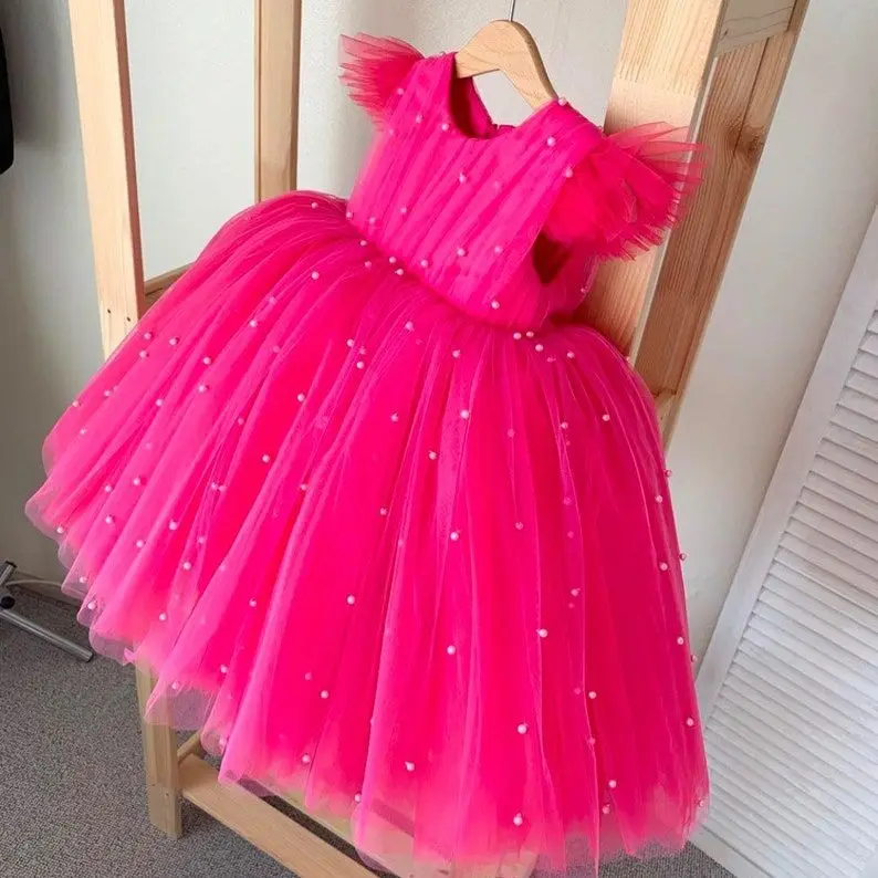 

Pearls Fuchsia Flower Girl Dresses Photoshoot Tulle Little Kids Birthday Pageant Wedding Gowns First Communion Dress