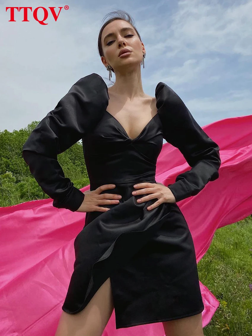 

TTQV Elegant Black V-ncek Womens Dresses 2023 Fashion Long Sleeve High Waist Dresses Casual Side Slit Mini Dress Female Clothing