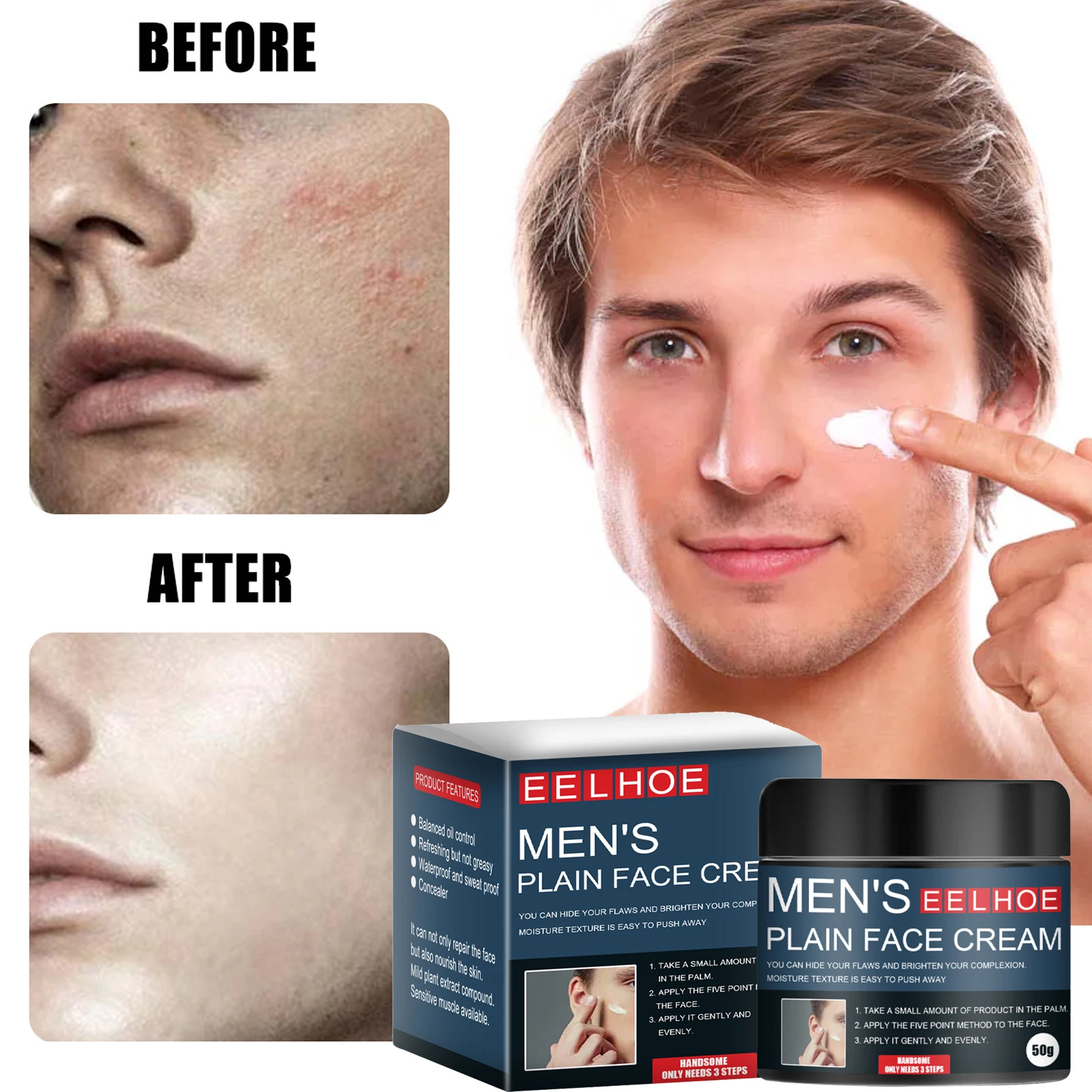 

Men's Face BB Cream Long Lasting Brighten Foundation Concealer Acne Shrink Pores Oil-control Whitening Moisturizer Skin Care 50g