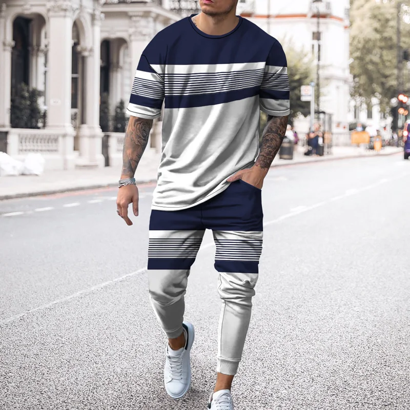 

Summer Fashion New Male Casual Suit 3d Simple Printing Round Neck Short-sleeved T-shirt + Trousers 2-piece Trend Men's Clothing