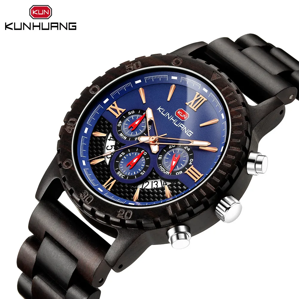 Kunhuang Wood Watch for Man Multi-Functional Fashion Timepieces Chronograph Three-eye Six-pin Luminous Sport Quartz Wristwatch