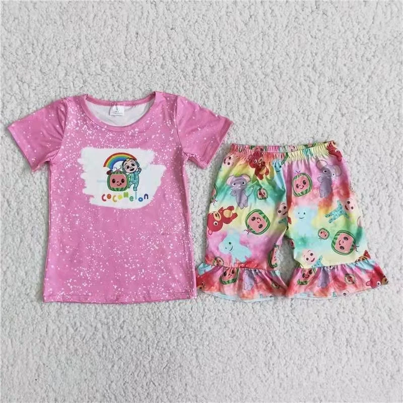 

Летняя одежда для маленьких девочек, комплект детской одежды, топ с коротким рукавом и ярко-розовым принтом и шорты с оборками, комплект дет...