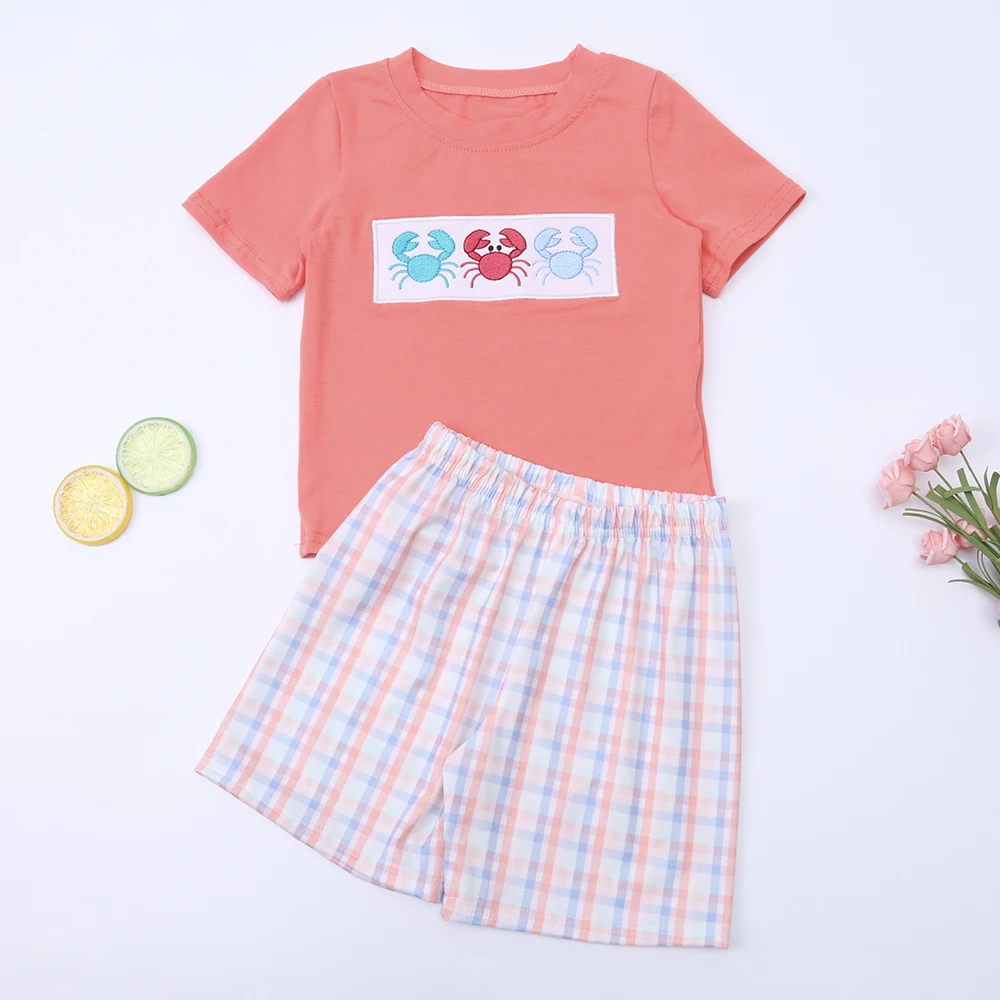 

Infant Crab Outfits Baby Boy Cotton Orange Clothes Set Animal Embroidery Bodysuit Toddler Sleeve T-shirt Lattice Shorts For Babi