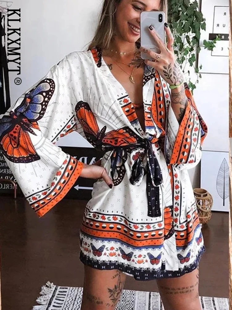 

Женские блузки-кимоно KLKXMYT TRAF с принтом, 2022, с узлом, в стиле бохо, женская рубашка, Топ с длинным рукавом, женская уличная одежда, летняя Свобо...