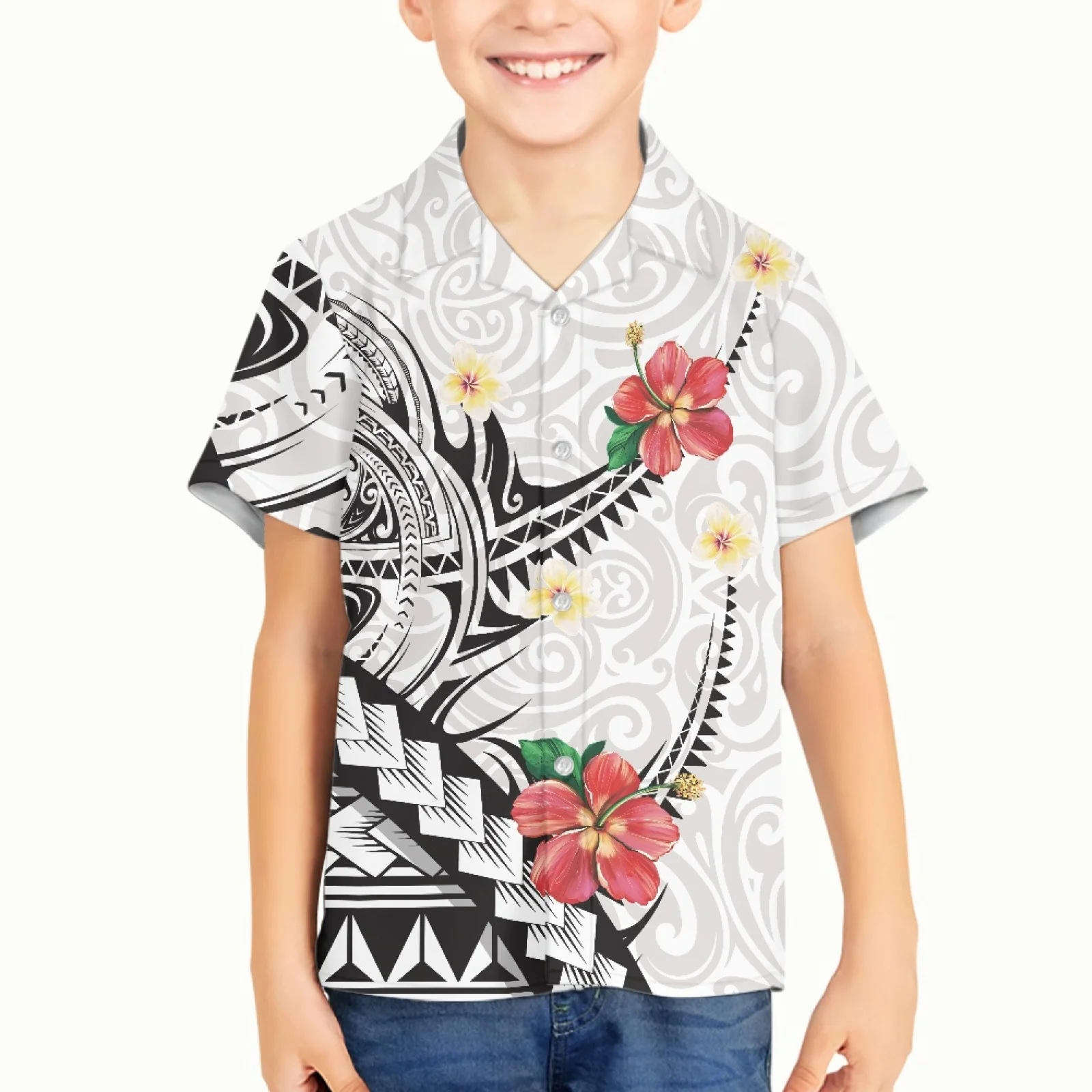 

Polynesian Tribal Fijian Totem Tattoo Prints Kid Boy Children Loose Breathable Trendy Cool Fashion Hawaiian Shirts Beach Party