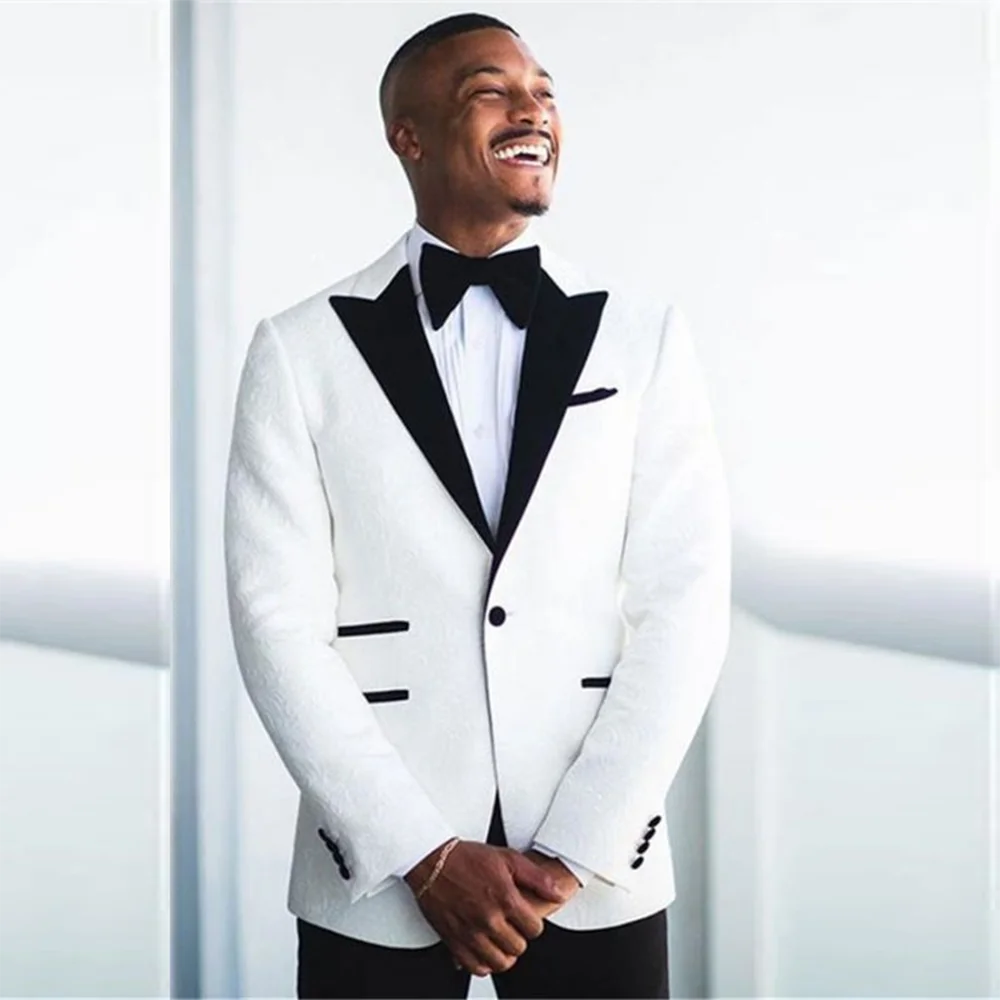 New Floral Pattern Black Peak Lapel White Men Suit One Button Slim Fit Gioom Tuxedos 2 Pieces (Jacket +Vest +Pants) Prom Suits