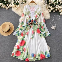 clothland women sweet chiffon floral white dress v neck sashes long flare sleeve female ankle length dresses vestido maxi qb181