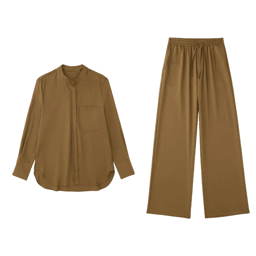 

Zach AiIsa Summer New Women's Casual One Pocket Draped Long Sleeve Shirt + Draped Lazy Style Elastic Waist High Waist Trousers