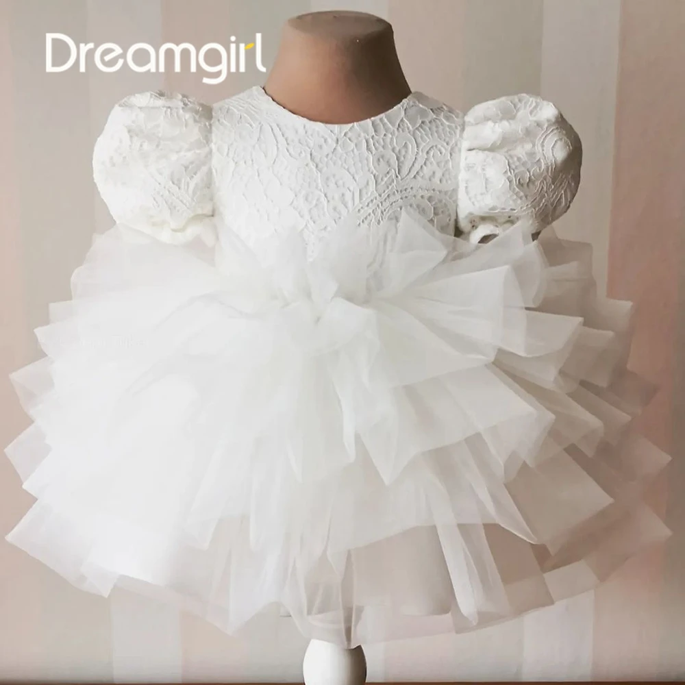 

Tulle Layers Flower Girl Dress Puffy Cap Sleeve Kids Birthday Party Dress Lace Applique Back Bow Ball Gown First Communion Dress