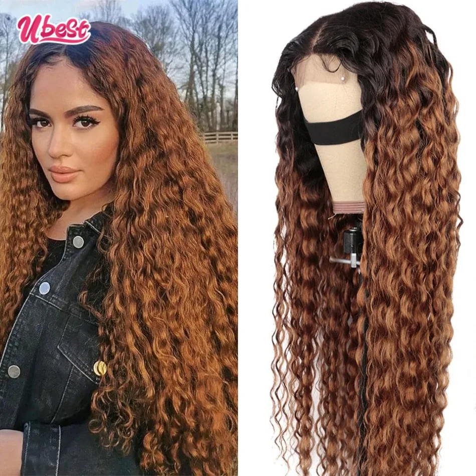 

HD13x6 Ombre 1b30 Colored Deep Wave Lace Front Wig Human Hair Transparent 13x4 Curly Lace Frontal Wig PrePlucked 30 Inch Ubest