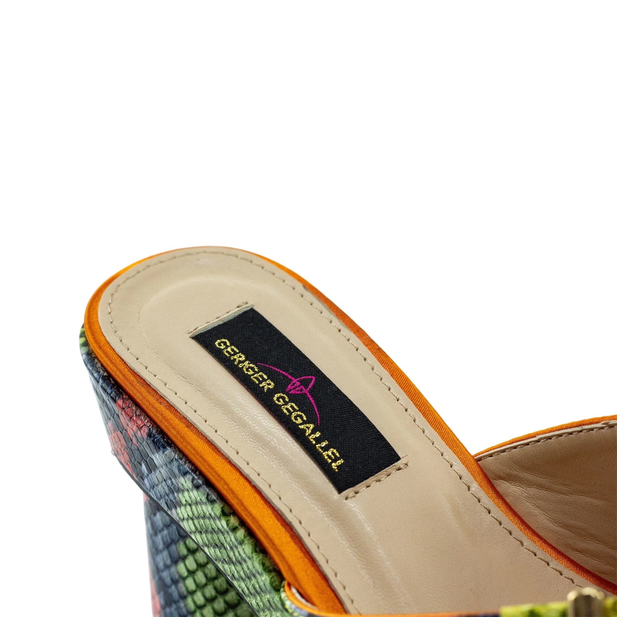 US Brand Geriger Gegallel Women Designer Sandals Orange Leather High Heels for Women Party Glitter Sandals Chunky Platform Mules