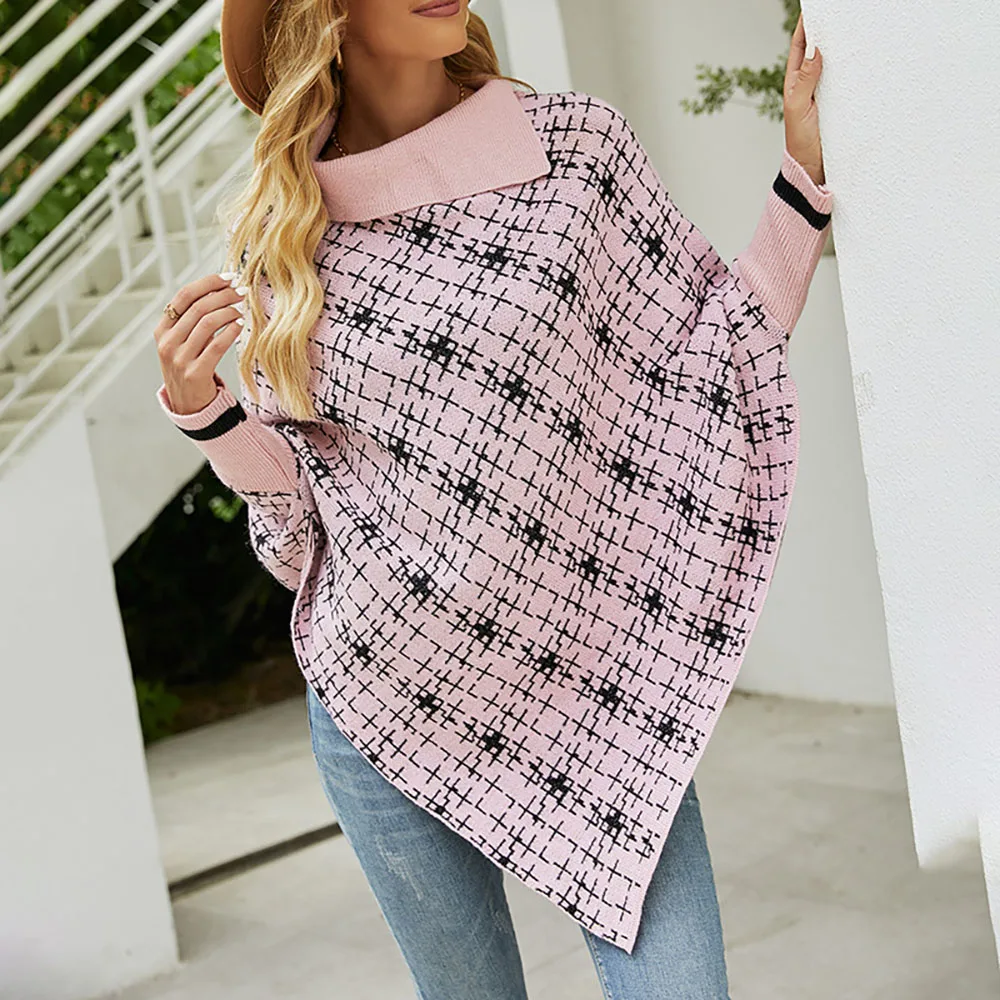 

Turtleneck Pullover Sweaters For Women Plaid Knitted Cape Long Sleeve Autumn Winter Women's Crochet Tops Casual Loose Knit Top