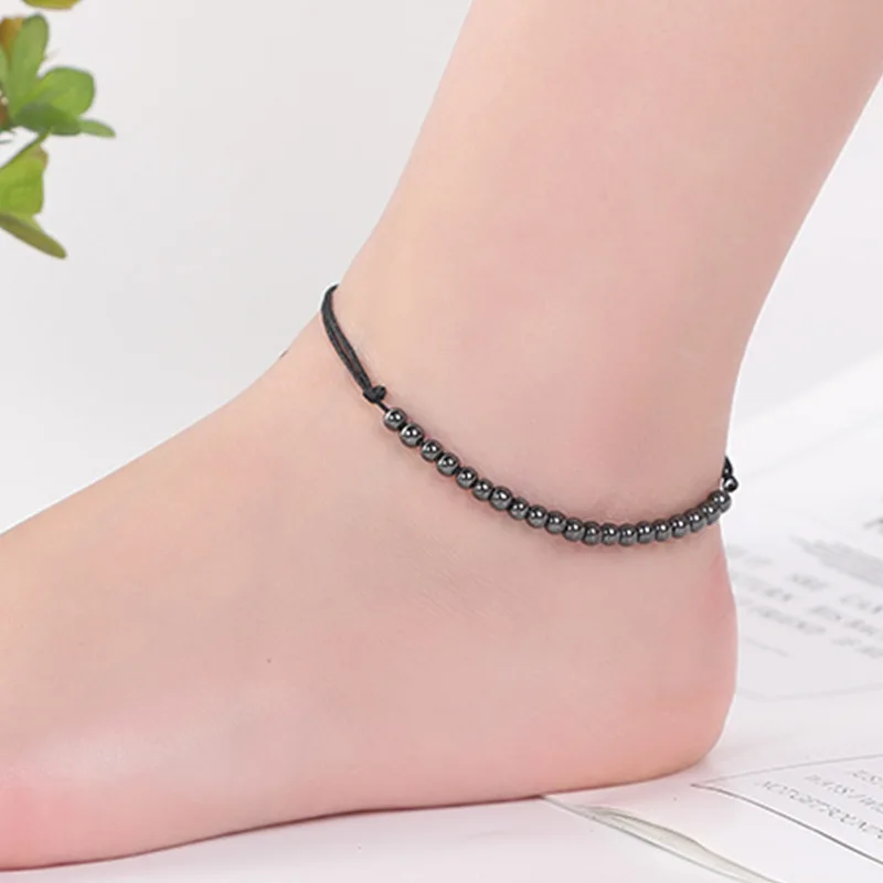 

Summer Hematite Beads Anklet for Men Women Simple Handmade Braided Black Rope Adjustable Bracelet Leg Foot Chain Beach Jewelry