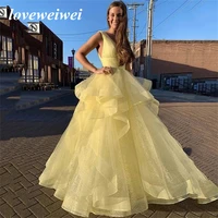 yellow a line ball gown floor length v neck evening dress ruffles sleeveless organza prom dresses tiered sleeveless party dress