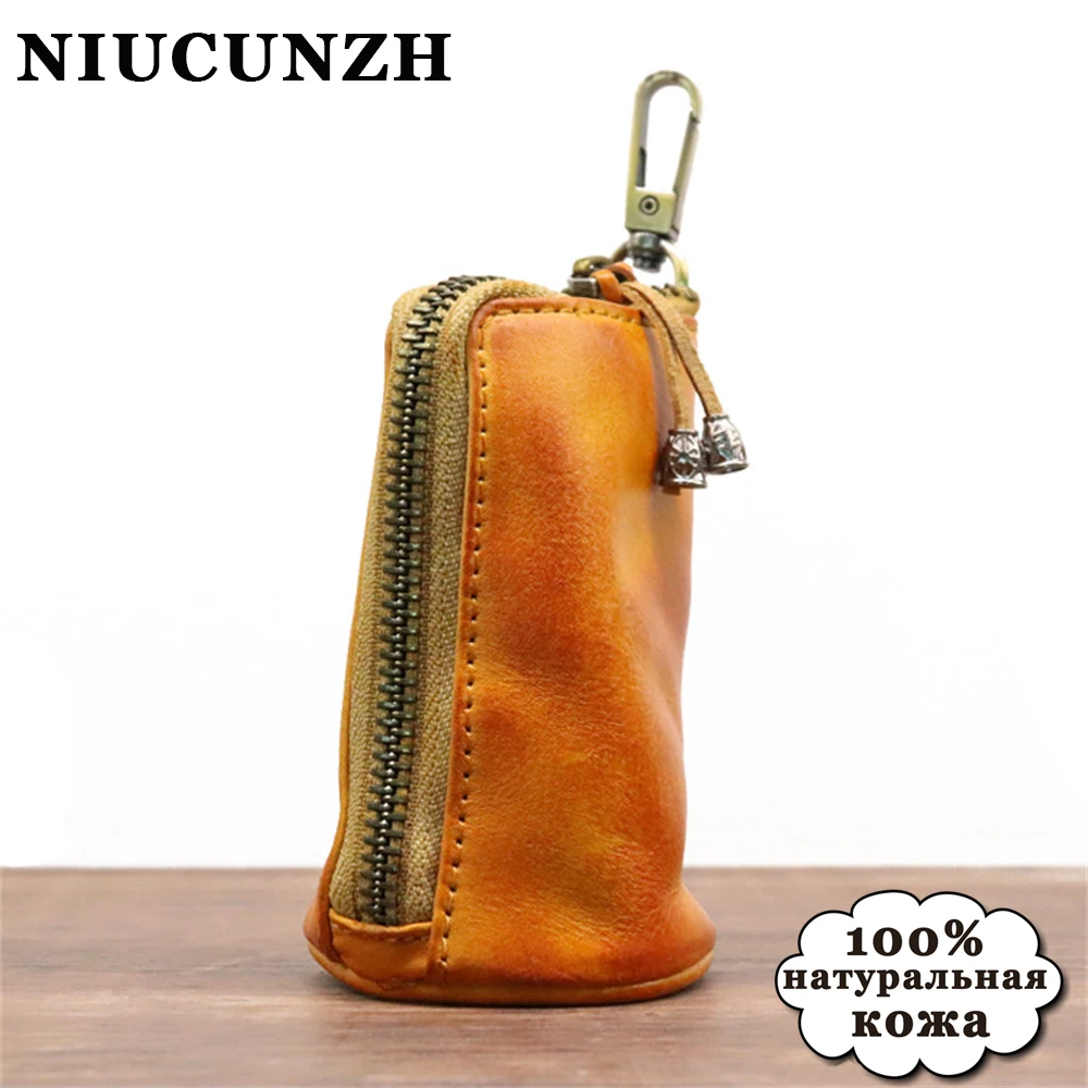 

NIUCUNZH Cowhide Leather Men‘s Wallets Round Columnar Key Holder Men Car Key Wallet Zipper Bag Coin Pouch Purse Women Keys Case