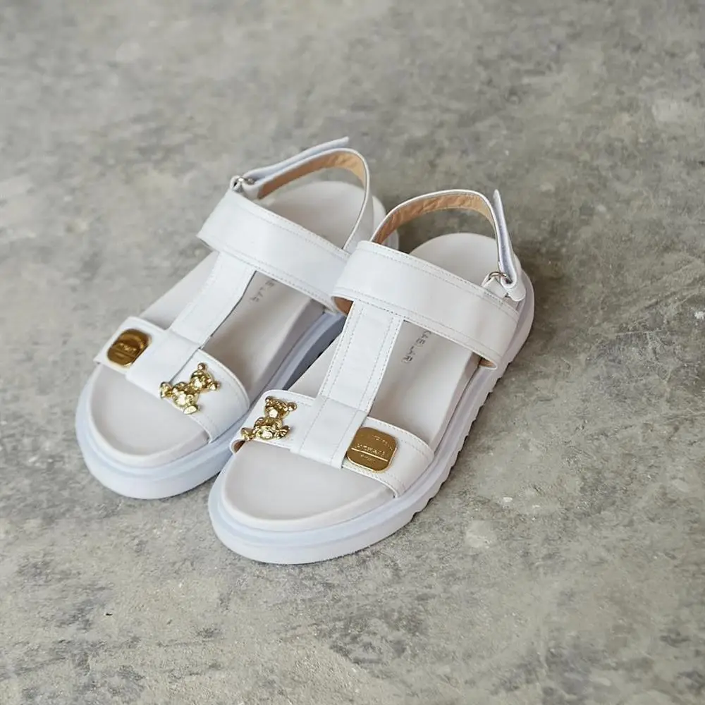 

London Interior Faux Leather Exterior Genuine Leather Striped Bear Detail Flat Sole Sandals Poshnmore White Blue Black Gold Buck