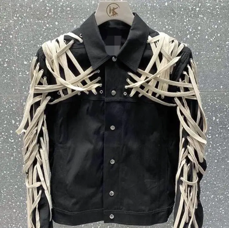 

Rope Detailing Dominates Rick Mega Laced Cargo Jacket Men Garment Eyelet Lace Up Black Jacket Woman Breasted Coat