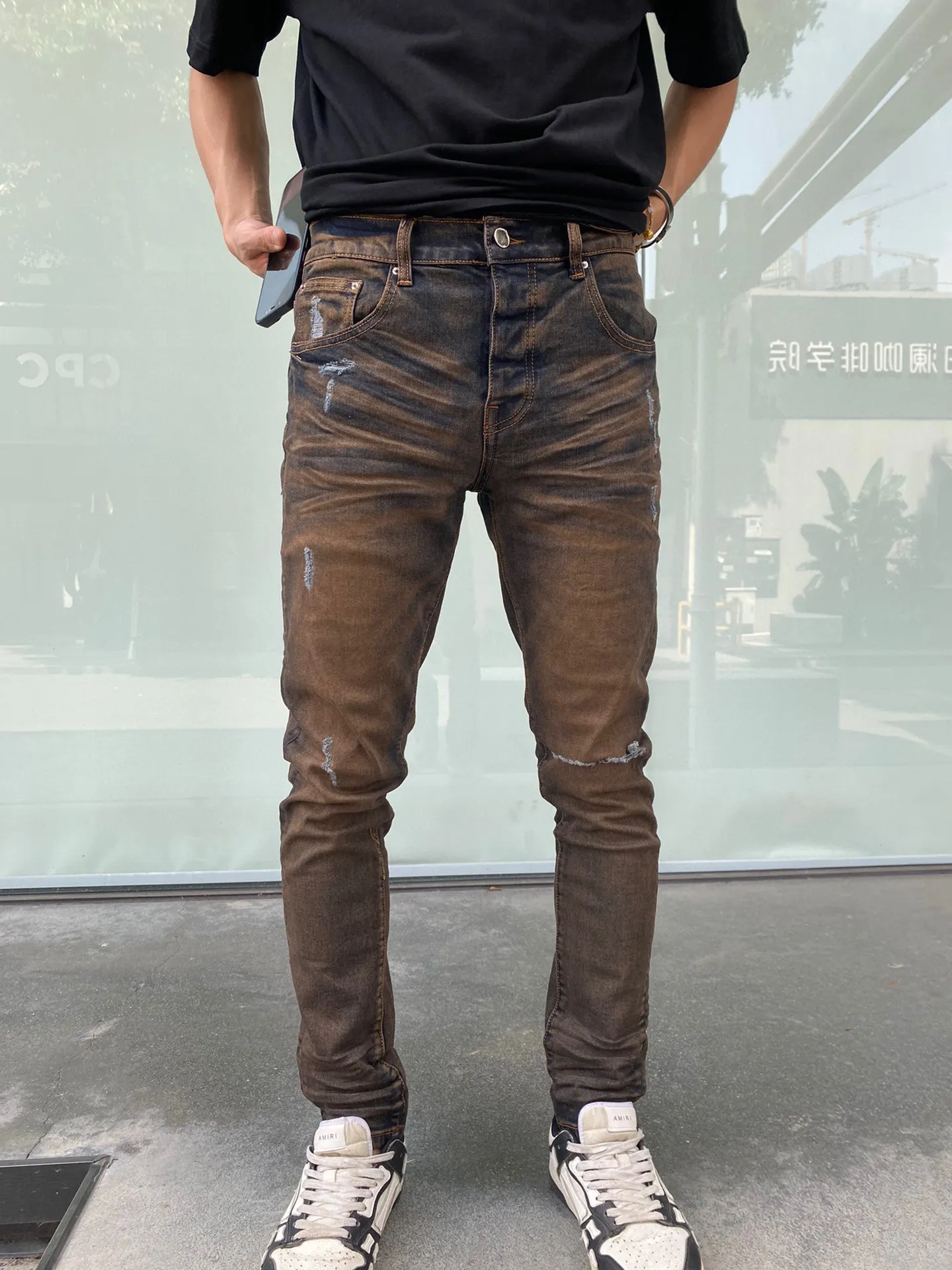 

buy brand mx1 stretch cotton denim jeans destroyed brand designer Men's Ripped Slim Fit Hip Hop Denim Distressed Skinny pants