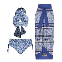 blue halter print bikini swimsuit female retro swimsuit 2 pieces holiday beach dress designer bathing suit summer surf wear