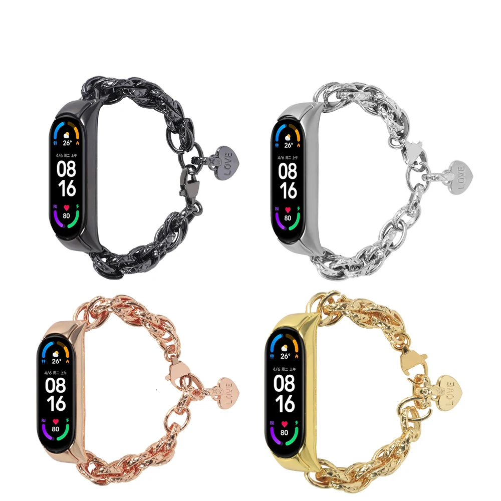 Heart Pendant Metal Bracelet for Xiaomi Mi Band 6 4 3 5 Watch Strap Women Jewelry Belt for MIband Fashion Wristband correa