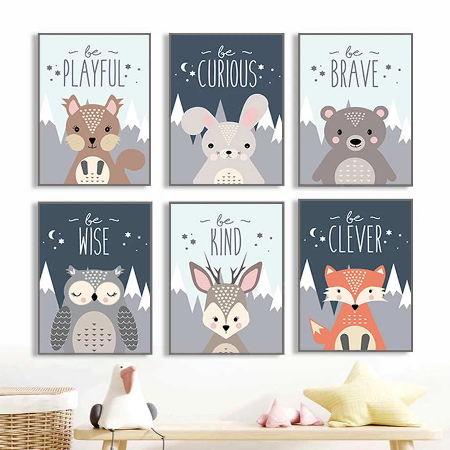 

Baby Animals Nursery Art Canvas Prints Cartoon Mountain Star Fox Bear Rabbit Posters Painting Wall Pictures Kids Room Boy Decor