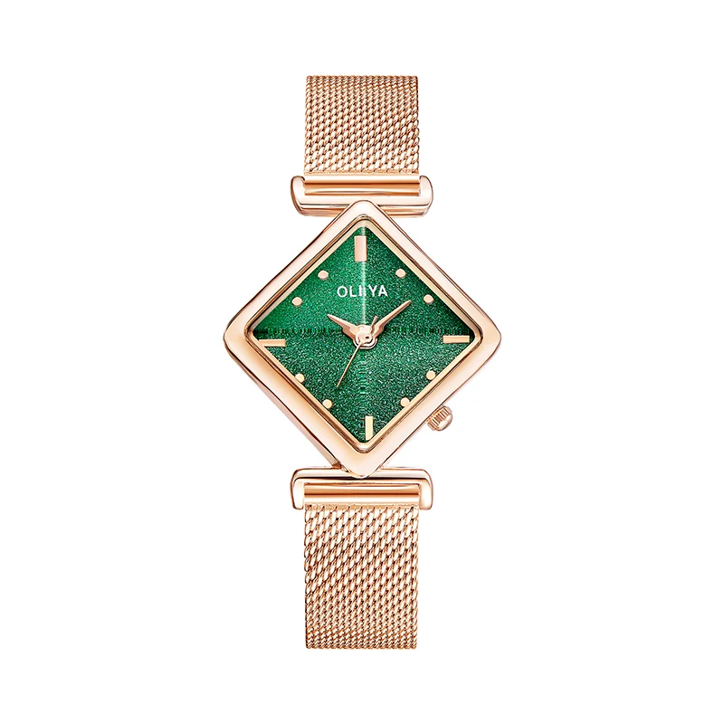 

Oliya Elegant Ladies Equilateral Rhombic Watch Dial Diamond Glass Anti-scratch Stainless Steel Strap Quartz Women Small Watch