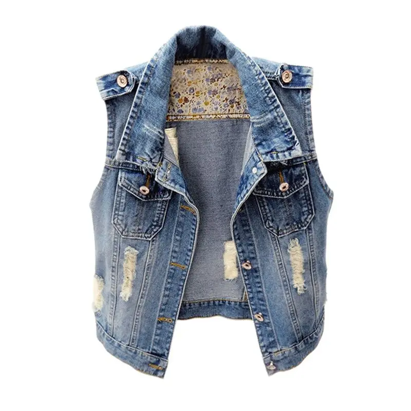 

Single Breasted Women Denim Jacket Vest Short Outerwear Sleeveless Slim Hole Jeans Single Waistcoats Casual Tops Vest