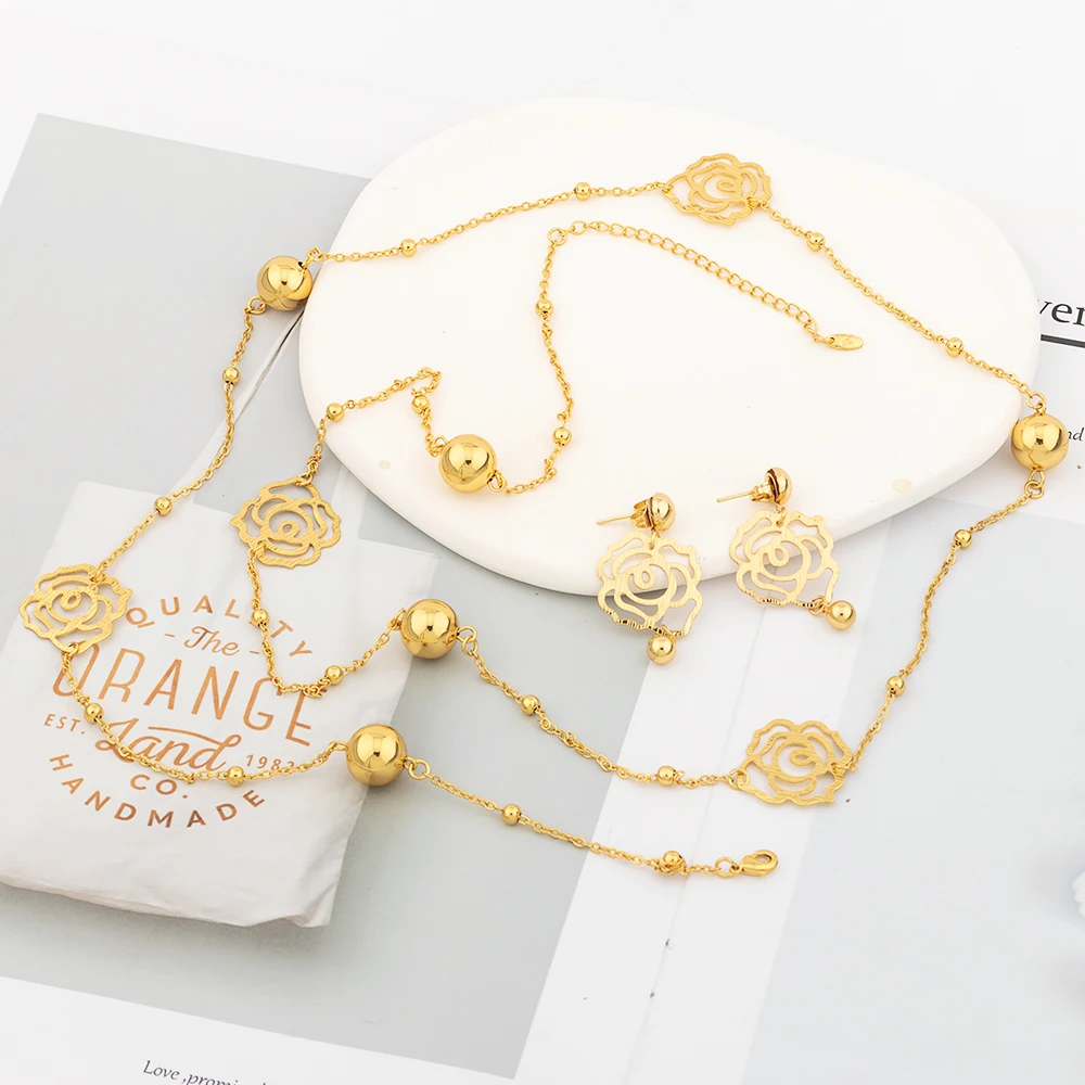 

Dubai African Luxury Necklace Stud Earrings Sexy Women Thin Waist Chain Charming Vintage Flower Stainless Steel Body Jewelry