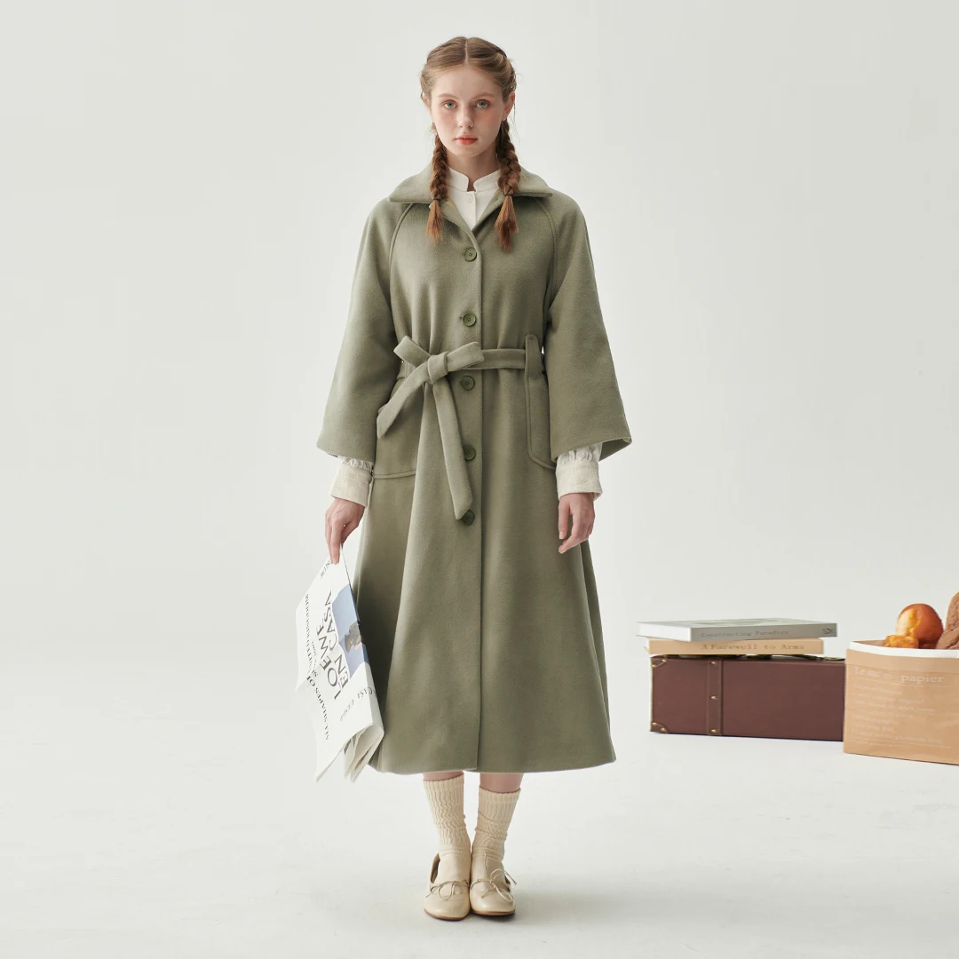 Leorlax original autumn and winter women's Japanese minimalist design line mid -length versatile woolen lapel coat coat jacket
