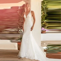 lace mermaid hy129 v neck wedding dress floor length spaghetti straps appliques princess illusion bridal gowns vestidos de novia