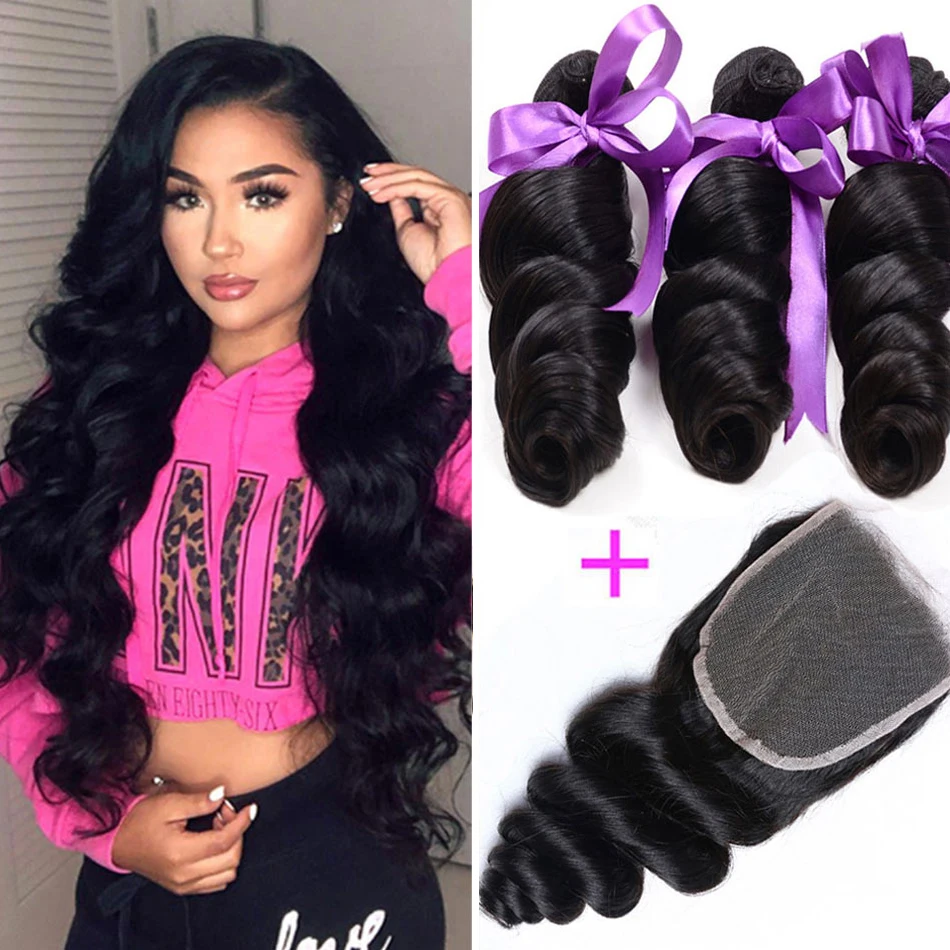 

Brazilian Loose Wave Bundles With Closure 100% Virgin Human Hair Weave 3 Bundles With Frontal Closure 12A Human Hair Extensions