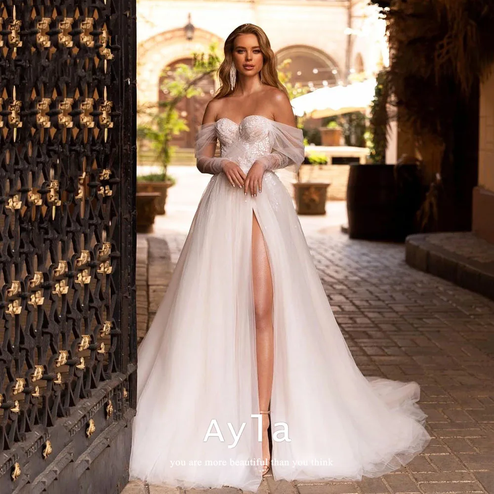 

Sexy Off The Shoulder Bride Dresses Grace A-line Vestidos De Novia Tulle Sweep Train Wedding Dresses Side Split Bridal Gown