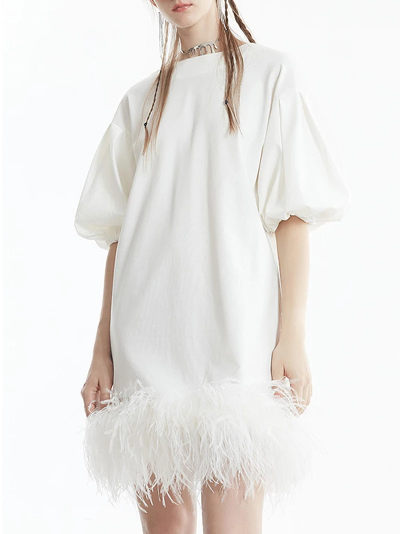 2023 White Black Ostrich Feather Dress Female Summer Lady Princess Style Loose Puff Sleeve Hem Feather Short Dresses S3479