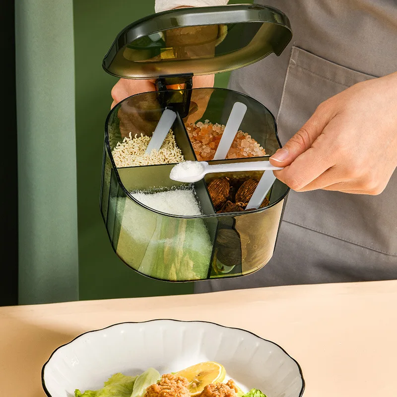 

2022 New Seasoning Box Kitchen Household Seasoning Jar Set Four-grid Integrated Kitchen Supplies with Lid Storage Seasoning Box