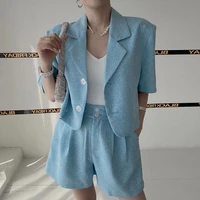 clothland women chic short sleeve shirt shorts suit notched collar blouse mini shorts summer elegant two piece set tz559