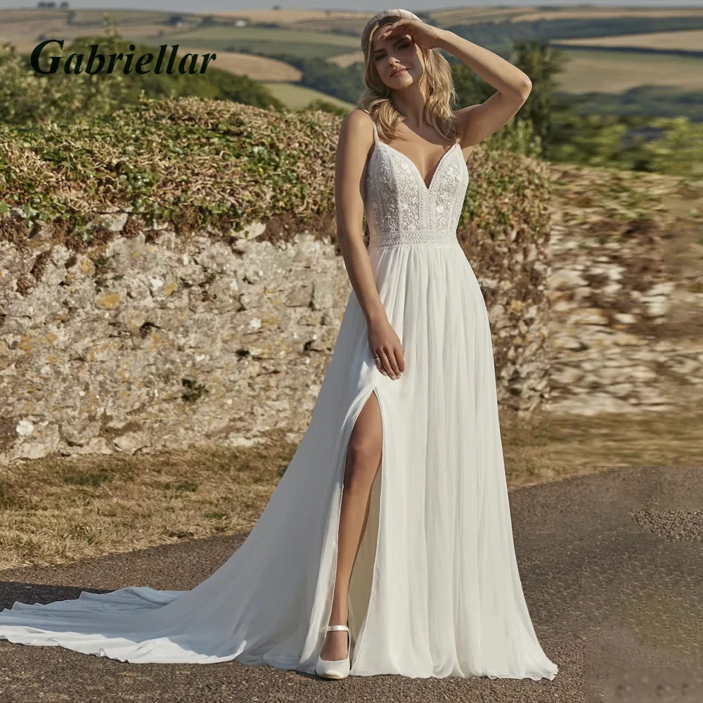 

Gabriellar Bohemia V-neck Spaghetti Straps Chiffon Wedding Dresses Slit Appliques Backless A-line Robe De Mariée Made To Order