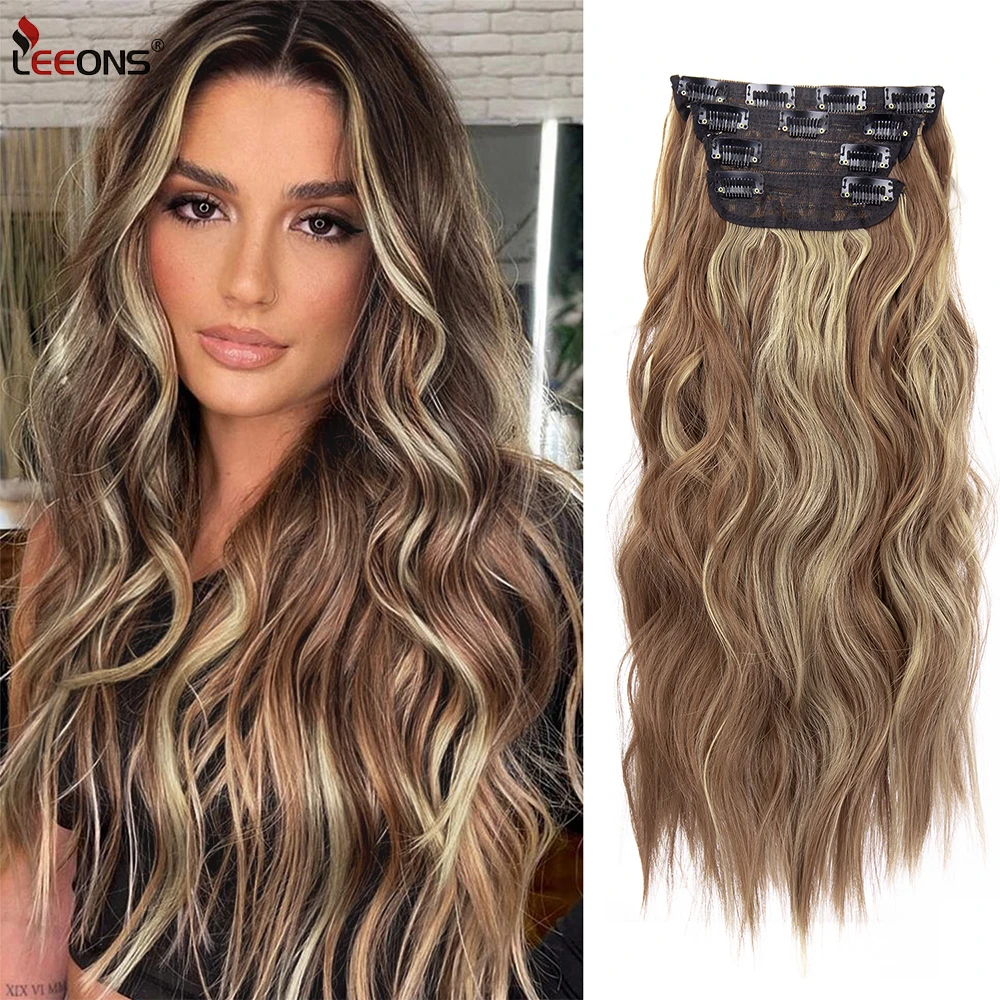 

Leeons 11 Clip in Hair Extensions Long Wavy Hair Extensions 4 PCS/set Light Brown Extensions Natural Soft Hairpieces For Woman