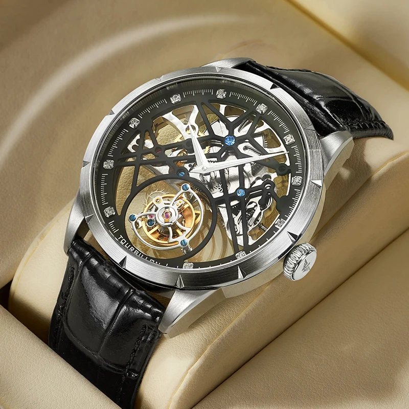 

JINLERY Luxury Skeleton Tourbillon Mechanical Watch for Men Mechan Hand Wind Wristwatches Waterproof Timepiece Relogio Masculino