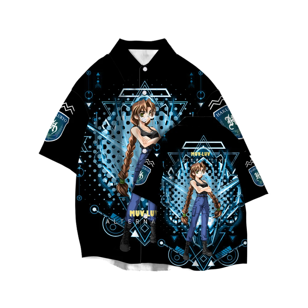 Y2K Print Harajuku Muv-Luv Alternative Season 2 Short Sleeve Shirt Oversized Loose Breathable Lapel Business Cardigan
