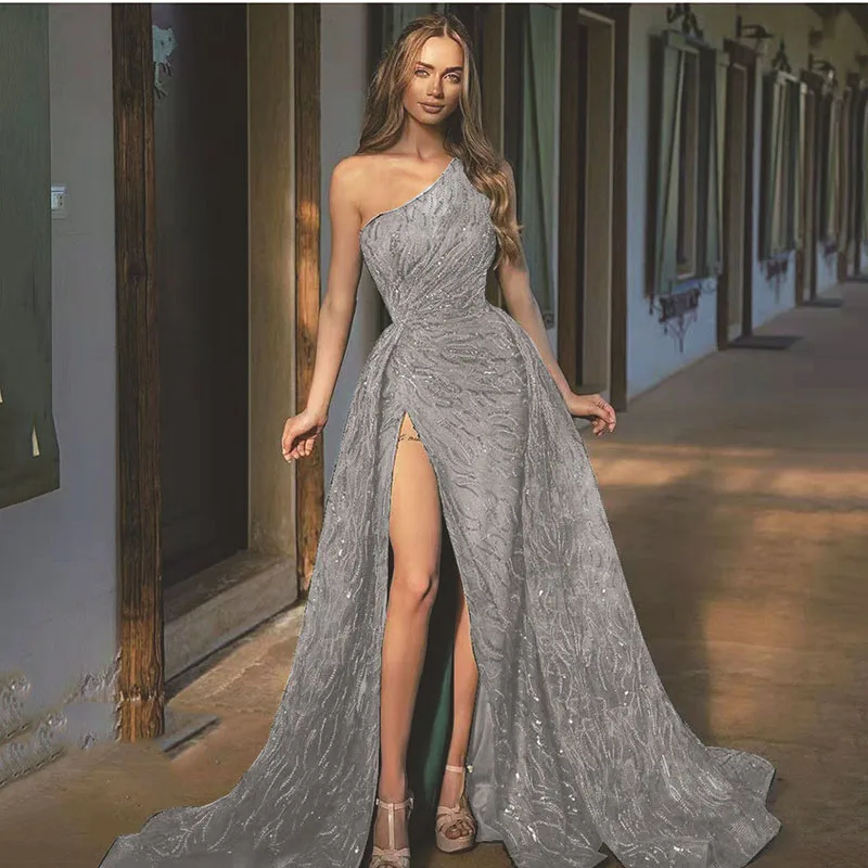 Spring And Summer New Beauties Dress Diagonal Shoulder Split Long Dress Toast Dress Sequin Sling Evening Dress