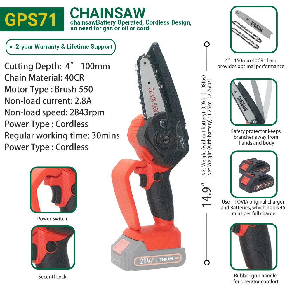 T TOVIA 4-дюймовая 21 в Беспроводная фотоэлектрическая портативная мини-бензопила