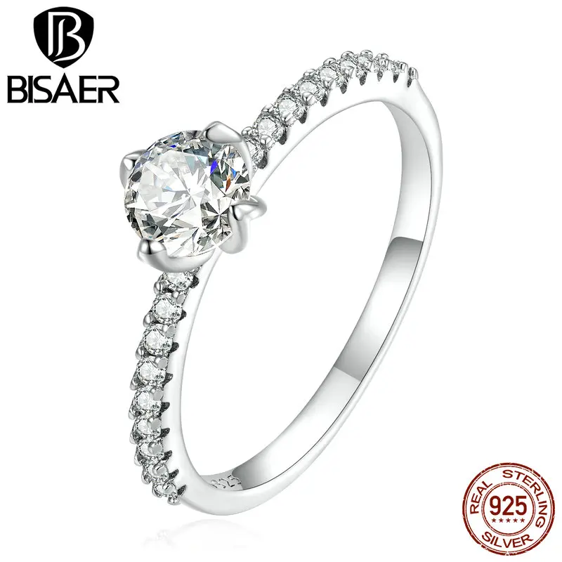

BISAER 925 Sterling Silver Shining Four Claws Zircon Ring Classic Wedding Bands Simple Rings For Women Party Original Jewelry