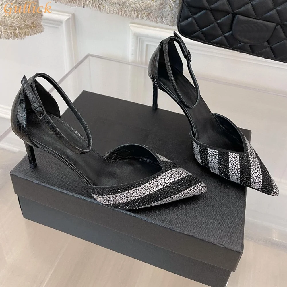 Black White Stripe Rhinestones Sandals Bling Bling Pointed Toe Stiletto Heels Ankle Strap Women Shiny Sandals Shallow Pumps