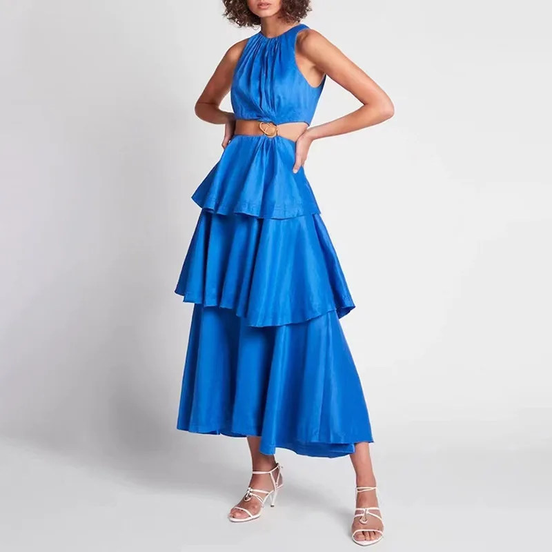 

2022 New Women Solid Dress Fashion Sleeveless Sexy Cascading Ruffle Casual Dresses 7189