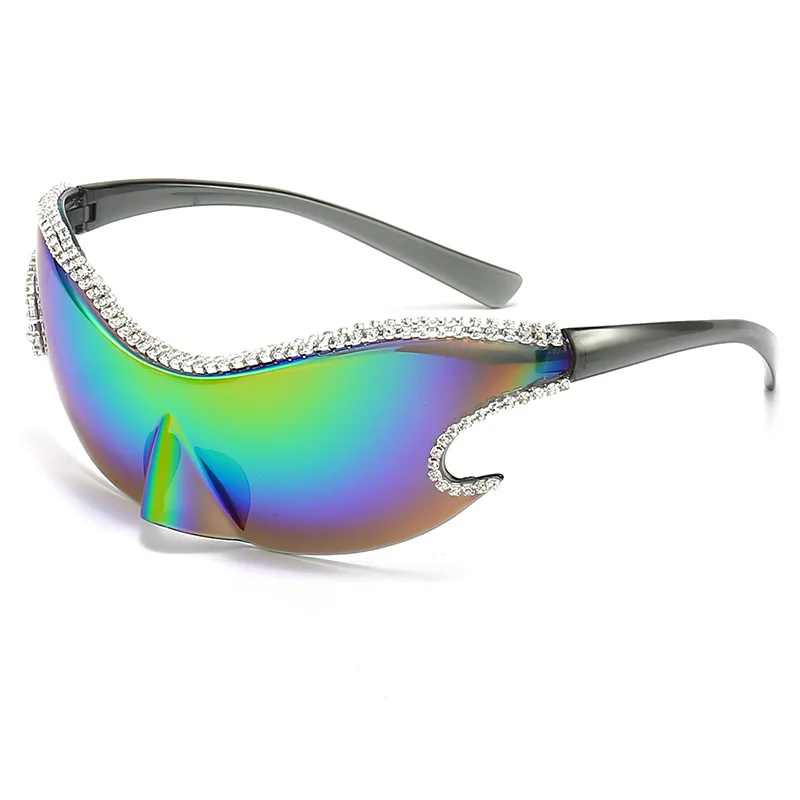 

2023 Y2K очки научной фантастики, Персонализированные Солнцезащитные очки в стиле панк, женские цельные цветные очки для верховой езды с цепочкой и стразами