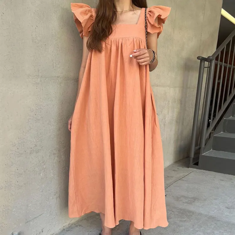 

Clothland Women Stylish Solid Midi Dress Ruffles Sleeveless Square Collar Straight Summer Linen Chic Dresses Vestido QB107