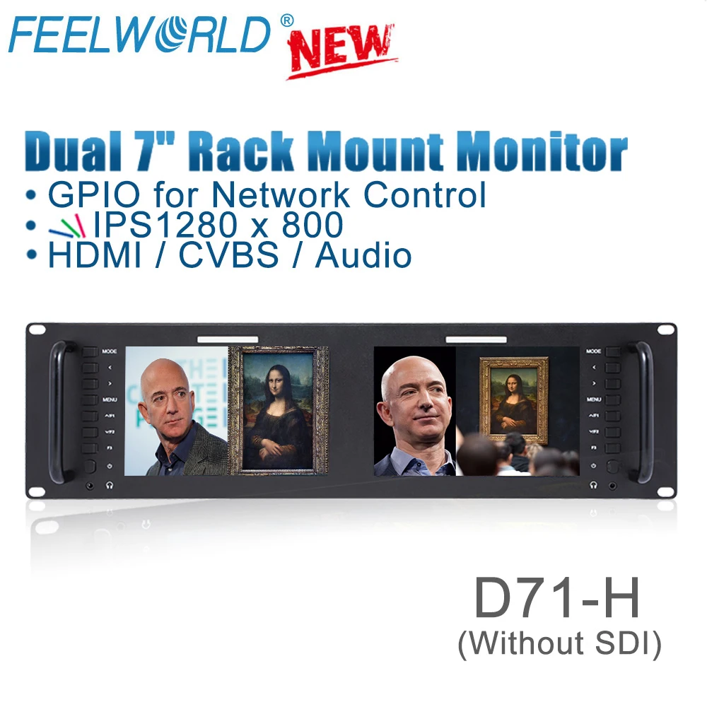 

FEELWORLD D71-H Dual 7 Inch 3RU Broadcast HDMI Rack Mount Monitor IPS 1280x800 HD LCD Screen HDMI AV Input and Output GPIO