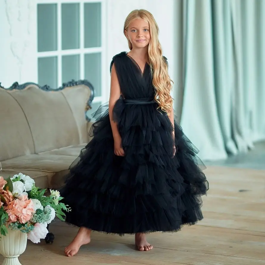 

Black Boho Flower Girl Dresses For Wedding Cake Ruffles Litter Kids Pageant Gown For Photoshoot Birthday First Communion Dress